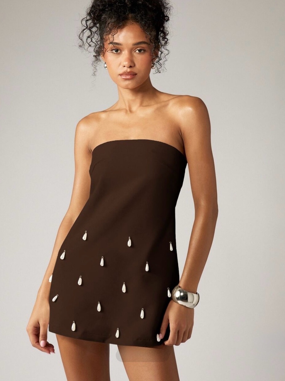 Strapless Brown Mini Dress with Pearl Teardrop Accents